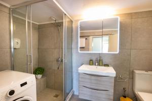 a bathroom with a shower and a sink and a mirror at Sunrise apartments in Menetaí +44 photos