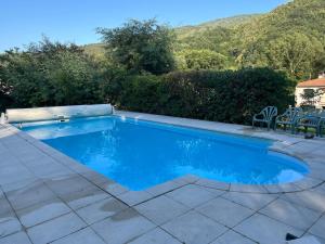 a swimming pool with blue water in a yard at Logis Sol Levante in Arles-sur-Tech +9 photos