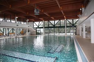 a large swimming pool with green water in a building at Riolo Terme Camere in Riolo Terme