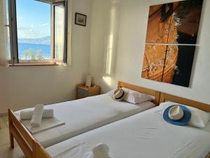 two beds in a room with a window at Apartments Vujic in Mirce
