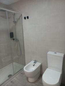 a bathroom with a shower and a toilet and a sink at Casa de la Soledad 2 in Lugo +4 photos