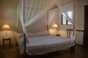 a bedroom with a canopy bed with two lamps at Villa Erica giardino in Androadroatra