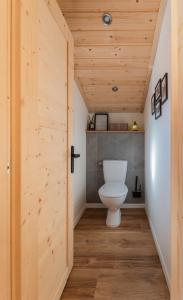 a bathroom with a toilet and a wooden door at Le Chalet Madrier - Terrasse et Jacuzzi privé in Tours-en-Savoie +29 photos