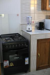 a kitchen with a stove and a blender on a counter at Chama Haven Appartment 2 bed in Tengeru +7 photos