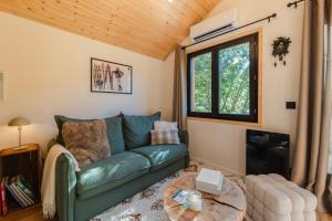 a living room with a green couch and a table at Le Chalet Madrier - Terrasse et Jacuzzi privé in Tours-en-Savoie