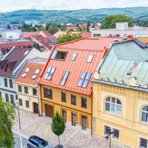 an overhead view of a city with buildings at Jarkova panorama view in Prešov
