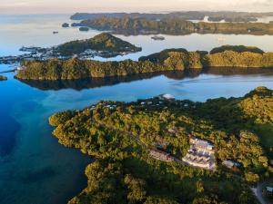 an aerial view of the islands in the water at Palau Mangrove Hotel in Koror