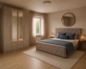 a bedroom with a large bed and a mirror at Residenz Bergkristall in Saalbach-Hinterglemm
