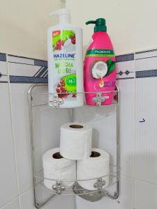 a shelf with toilet paper and a bottle of cleaner at Hàng Xanh Stay in Ho Chi Minh City