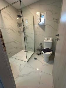 a bathroom with a shower and a toilet at Sunset Apartment B-3 in Perea