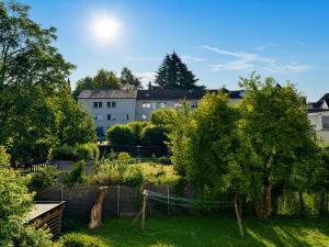 a view of a yard with trees and a building at CityNest Apartment Mülheim in Mülheim an der Ruhr