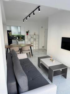 a living room with a couch and a table at Stylish Ohrid Apartment, Hot Tub, Steps to Lake in Ohrid +12 photos