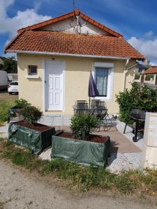 a small house with two plants in front of it at Les flots d'Émilie et Vincent in Barneville-Carteret