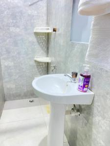 a bathroom with a white sink and a shower at Legacy apartments in Ikeja