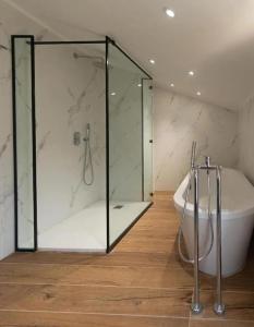 a bathroom with a glass shower and a tub at Greenery Luxury Apartment in Potamós +26 photos