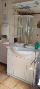 a bathroom with a white sink and a mirror at Summers Breeze in Nantheuil +14 photos