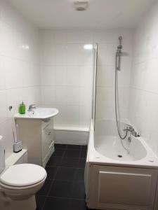 a bathroom with a toilet and a shower and a sink at Central 2 bed large apt M1 area in Manchester