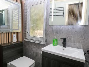 a bathroom with a sink and a toilet and a mirror at Wild Duck Holiday Park in Belton