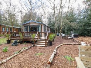 a cabin in the woods with a porch and a deck at Wild Duck Holiday Park in Belton