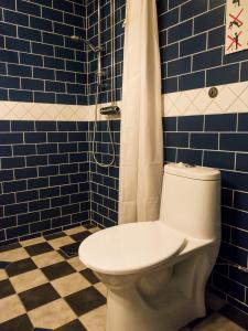 a bathroom with a toilet and a blue tiled wall at Allsta Gård Kretsloppshuset B&B in Bjärtrå