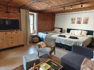 a room with two beds and a tv and a couch at Studio Lawendowe Ranczo in Zawichost