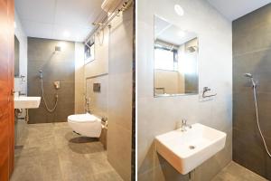 two images of a bathroom with a sink and a toilet at FabHotel Golden Stay I in Bangalore +23 photos