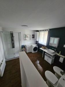 a bathroom with a shower and a sink at Marina Cottage in Enying +5 photos