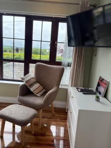 a living room with a chair and a flat screen tv at Dreenan studio in Ballybofey