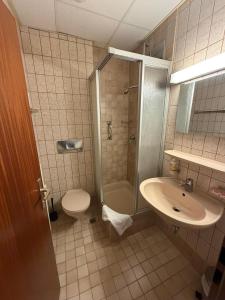 ein Badezimmer mit Dusche, Toilette und Waschbecken in der Unterkunft Vintage HOTEL S-Weilimdorf in Stuttgart-Weilimdorf + 47 Fotos