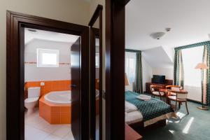 a hotel room with a bed and a bathroom at Komorni Hurka in Cheb +56 photos