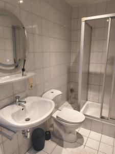 a bathroom with a sink and a toilet and a shower at Bed & Breakfast - Haus Hubertus in Brauneberg