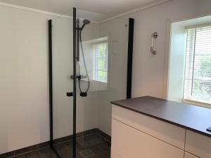 a bathroom with a shower and a counter top at Lyngtun in Ørskog