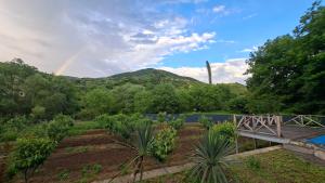 a view of a garden with a rainbow in the distance at Shen toon guesthouse in Shnogh