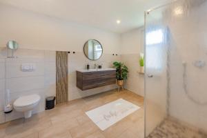 a bathroom with a toilet and a sink and a mirror at Ferienhaus Seebrise in Loddin +26 photos
