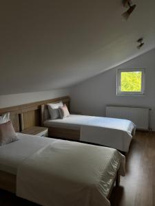 two beds in a room with a window at Family rest apartments in Nikšić