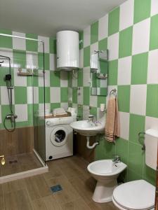 a bathroom with a toilet sink and a washing machine at Family rest apartments in Nikšić