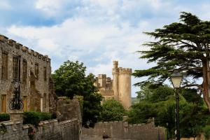 a castle with a wall and a street light and a tree at The Swan in Arundel