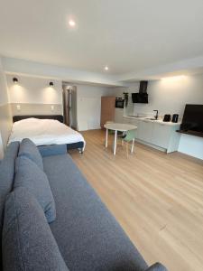 a living room with a couch and a bed and a kitchen at Chez EdGare in Liège
