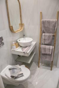 ein Badezimmer mit Waschbecken, Toilette und Spiegel in der Unterkunft Aerides Studios in Methana + 139 Fotos
