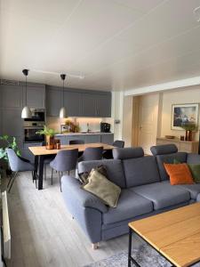 a living room with a blue couch and a kitchen at Modern lakefront apt with view - EV plug in Stryn
