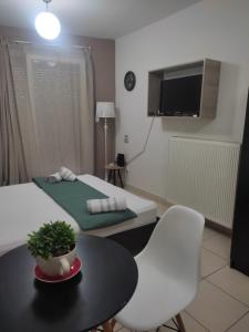 a room with a table and white chairs and a tv at Filareti studios in Kastoria