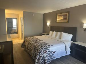 a hotel room with a large bed with white pillows at Red Roof Inn Media, PA in Media