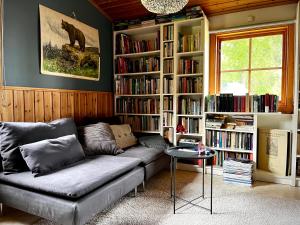 a living room with a couch and book shelves with books at Jacobs Stuga in Furudal