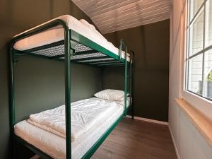 a green bunk bed in a room with a window at Boslodge 7 personen in Tiendeveen