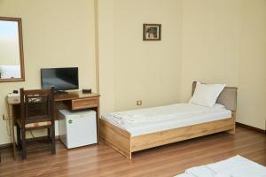 ein Zimmer mit einem Bett, einem Schreibtisch und einem Fernseher in der Unterkunft Family Hotel Fedora in Ribarica