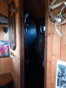 a door to a room with a shower in a train at Campertruck Off-Grid in Hénon