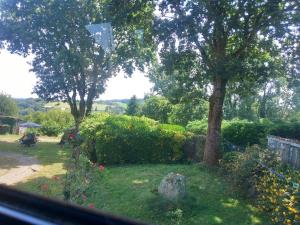 a window view of a garden with a tree and bushes at Campertruck Off-Grid in Hénon