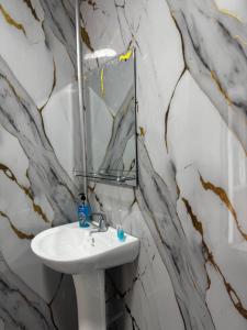 a bathroom with a sink and a mirror on a marble wall at Terrasa Solar Kutaisi in Kutaisi