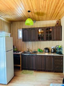 a kitchen with wooden cabinets and a white refrigerator at DEDULETI დედულეთი in Ambrolauri