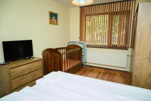 a bedroom with a bed and a crib and a television at Guest House Fedor in Ribarica +29 photos